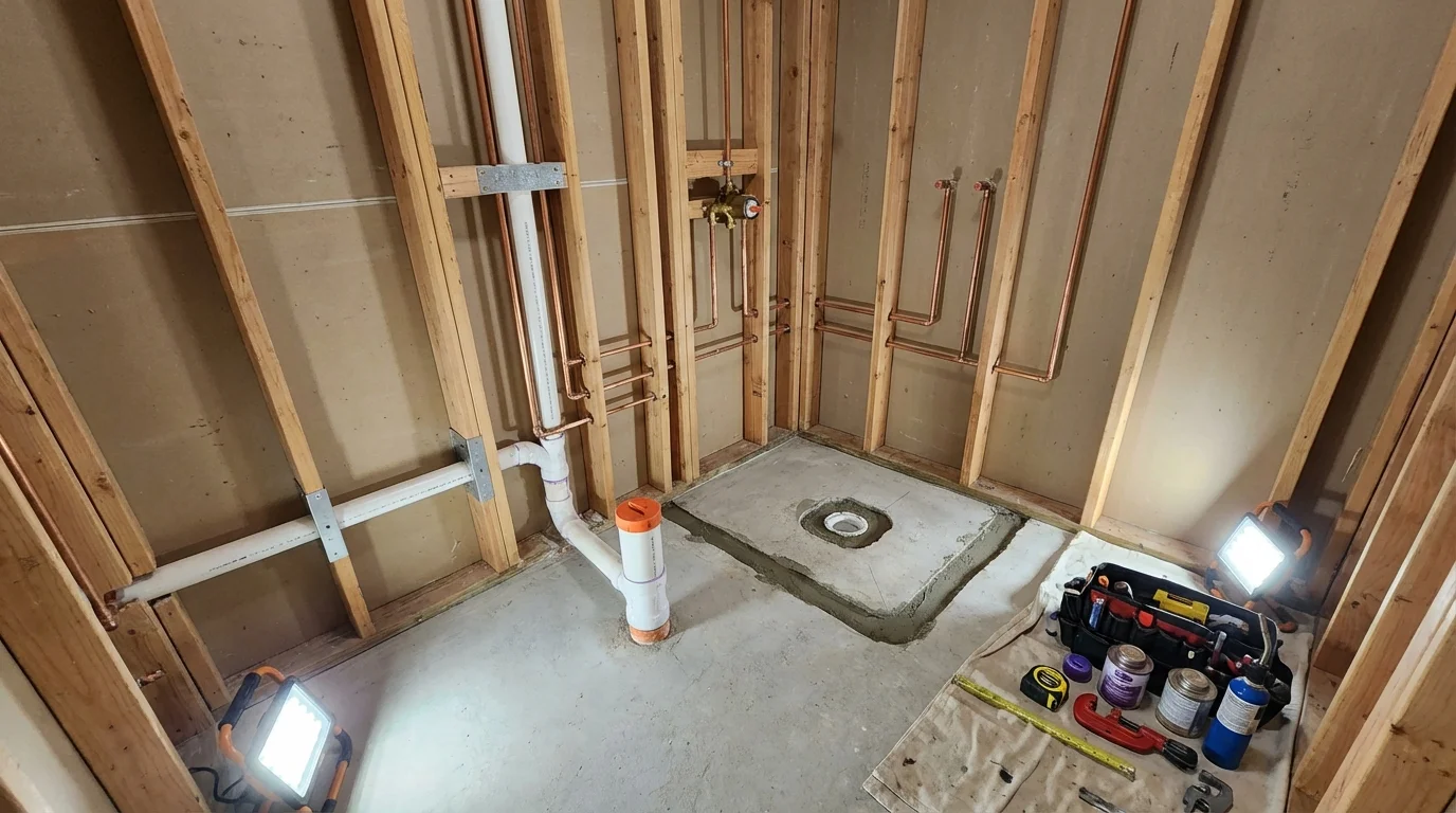 Bathroom rough-in plumbing during remodel by Johns Plumbing LLC in Vineyard Haven