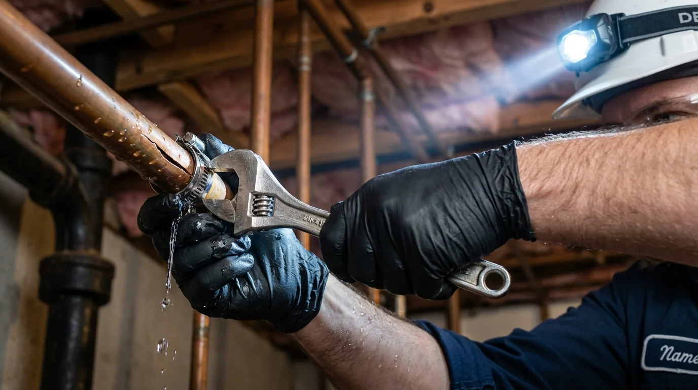 Emergency pipe clamp repair being performed by a Johns Plumbing LLC plumber in Vineyard Haven