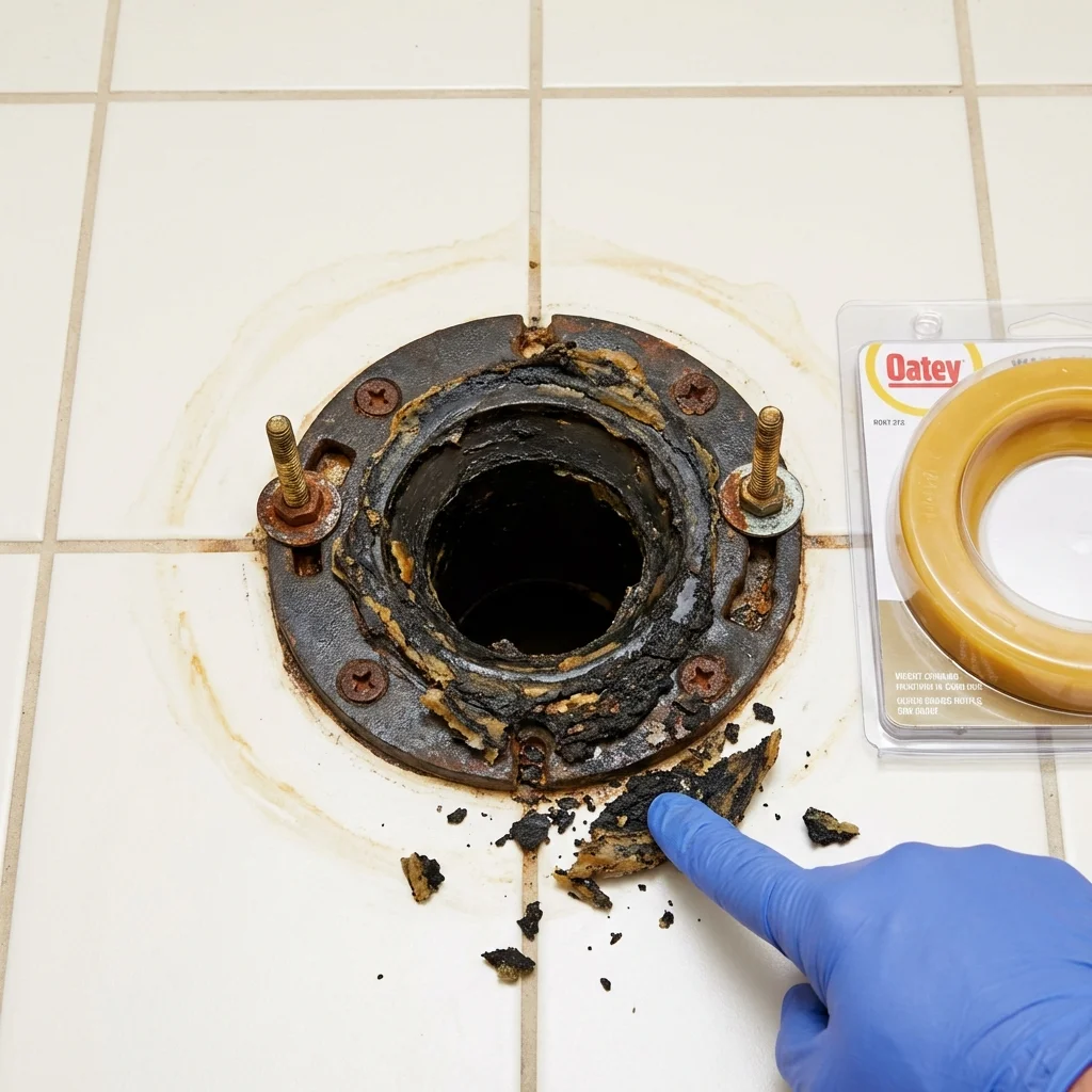 Failed wax ring showing water seepage at the base of a toilet in a Vineyard Haven, MA home